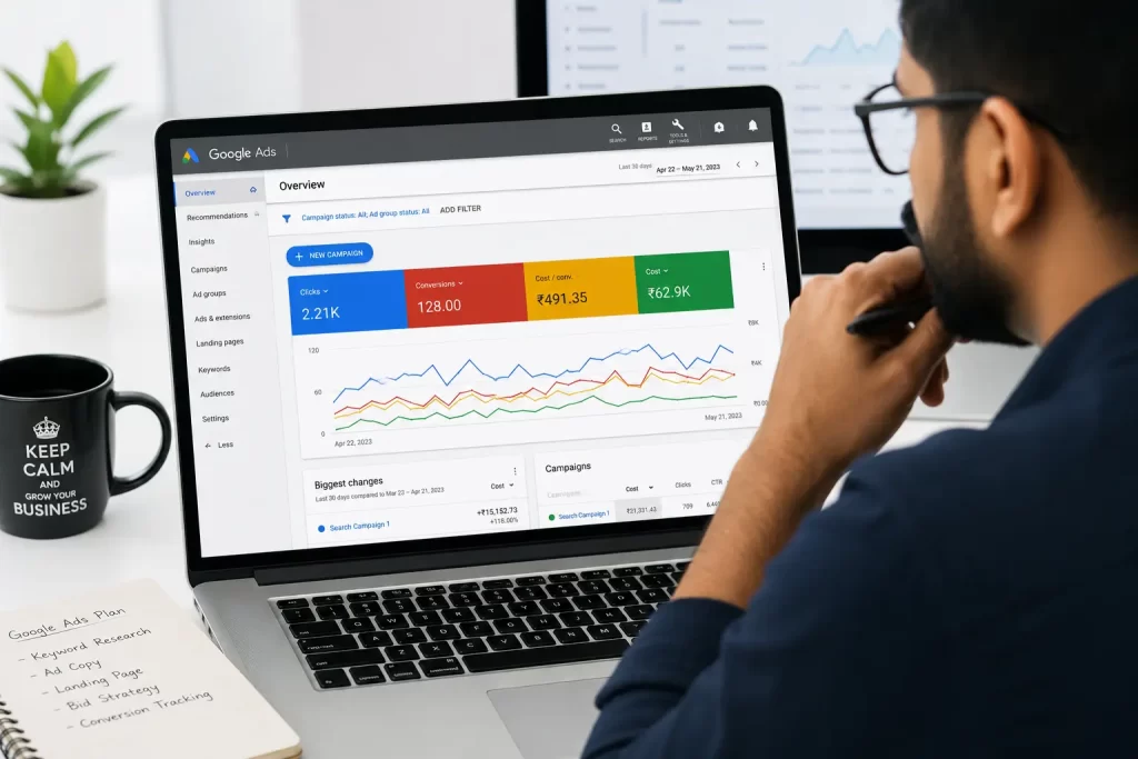 A person reviewing Google Ads dashboard on a laptop